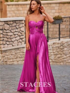 Stacees Strapless Fuchsia Evening Prom Gown with High Slit